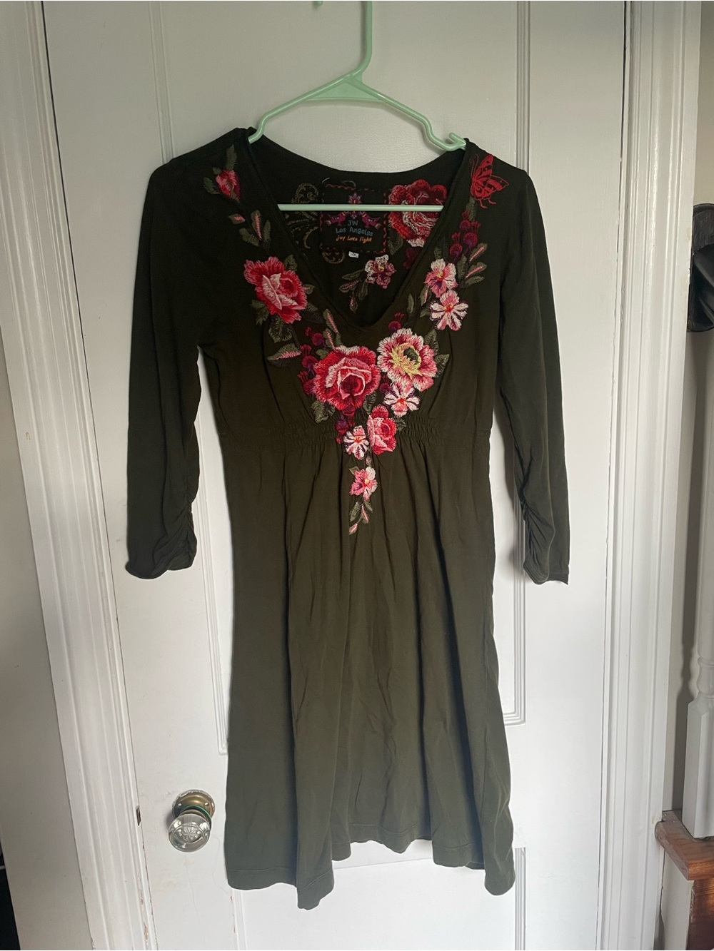Johnny Was JWLA Olive Green Embroidered Floral Long Sleeve Dress Size S